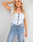 Short Sleeve Square Neck Embroidered Top with Front Bow Detail