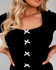 Short Sleeve Square Neck Embroidered Top with Front Bow Detail