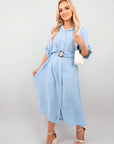 Belted Button Down Roll Tab Sleeve Midi Dress