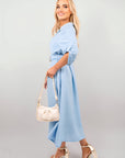 Belted Button Down Roll Tab Sleeve Midi Dress