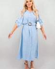 Belted Button Down Roll Tab Sleeve Midi Dress
