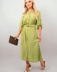 Belted Button Down Roll Tab Sleeve Midi Dress