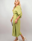 Belted Button Down Roll Tab Sleeve Midi Dress
