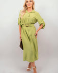 Belted Button Down Roll Tab Sleeve Midi Dress
