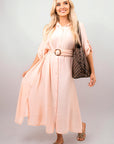 Belted Button Down Roll Tab Sleeve Midi Dress