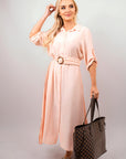 Belted Button Down Roll Tab Sleeve Midi Dress