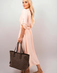 Belted Button Down Roll Tab Sleeve Midi Dress