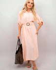 Belted Button Down Roll Tab Sleeve Midi Dress