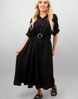 Belted Button Down Roll Tab Sleeve Midi Dress