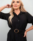 Belted Button Down Roll Tab Sleeve Midi Dress