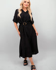 Belted Button Down Roll Tab Sleeve Midi Dress