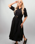 Belted Button Down Roll Tab Sleeve Midi Dress