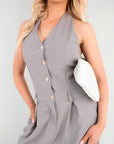 V-Neck Sleeveless Button Front Detail Jumpsuit