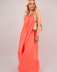 Sleeveless Beaded Halter Neck Maxi Dress with Tiered Hem