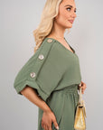 V Neck Short Sleeve Maxi Dress with Button Detail