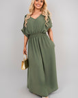 V Neck Short Sleeve Maxi Dress with Button Detail