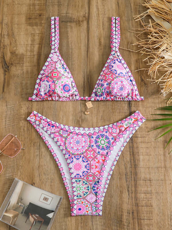 Women's Positioning printing suspenders sexy lace-up two-piece bikini
