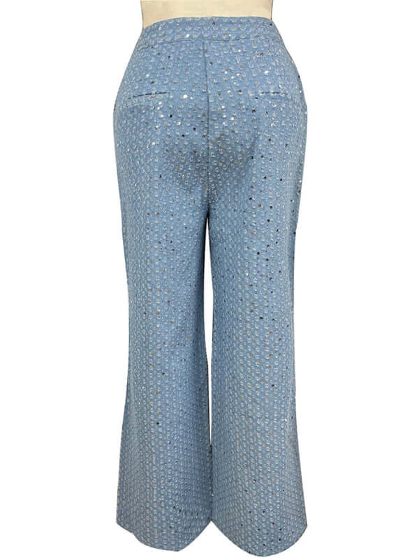 Back view of Women's Casual Sequined Denim Straight Pants showcasing slant pockets and woven fabric design.