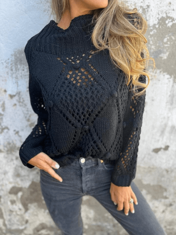 Casual loose knit black sweater with round neck, perfect for autumn-winter, showcasing a stylish self-design pattern.