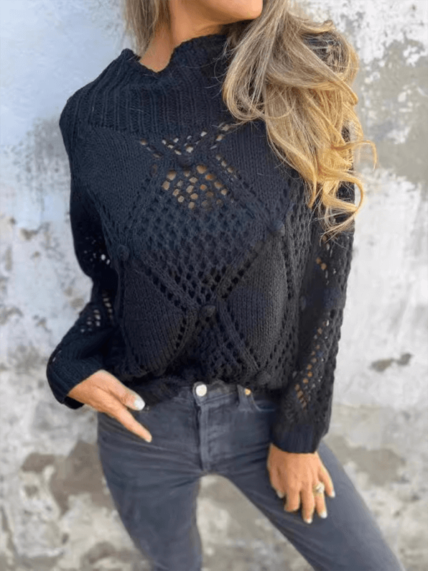 Casual loose black skeleton sweater with round neck and knit design, perfect for autumn and winter fashion.