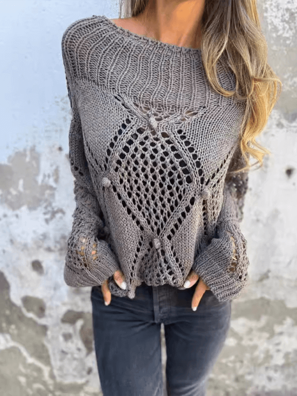 Casual loose skeleton sweater in grey, featuring a round neck and knit design, perfect for autumn-winter wear.