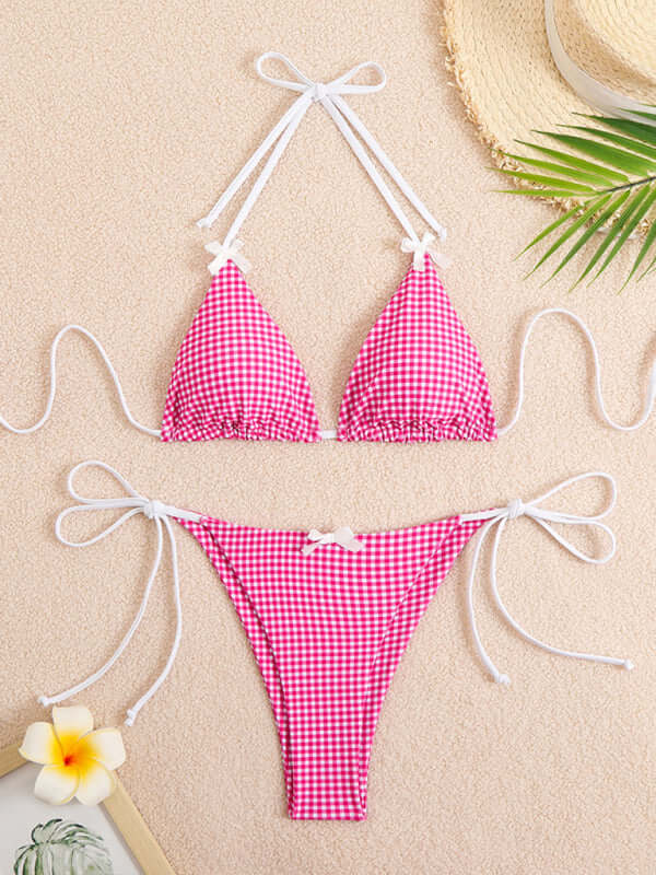 New style lace-up bikini plaid print multi-color swimsuit