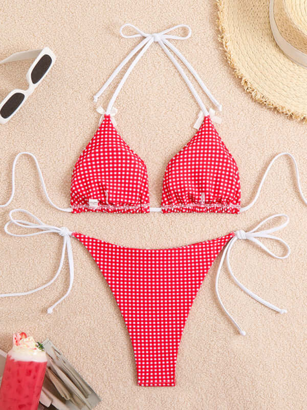 New style lace-up bikini plaid print multi-color swimsuit