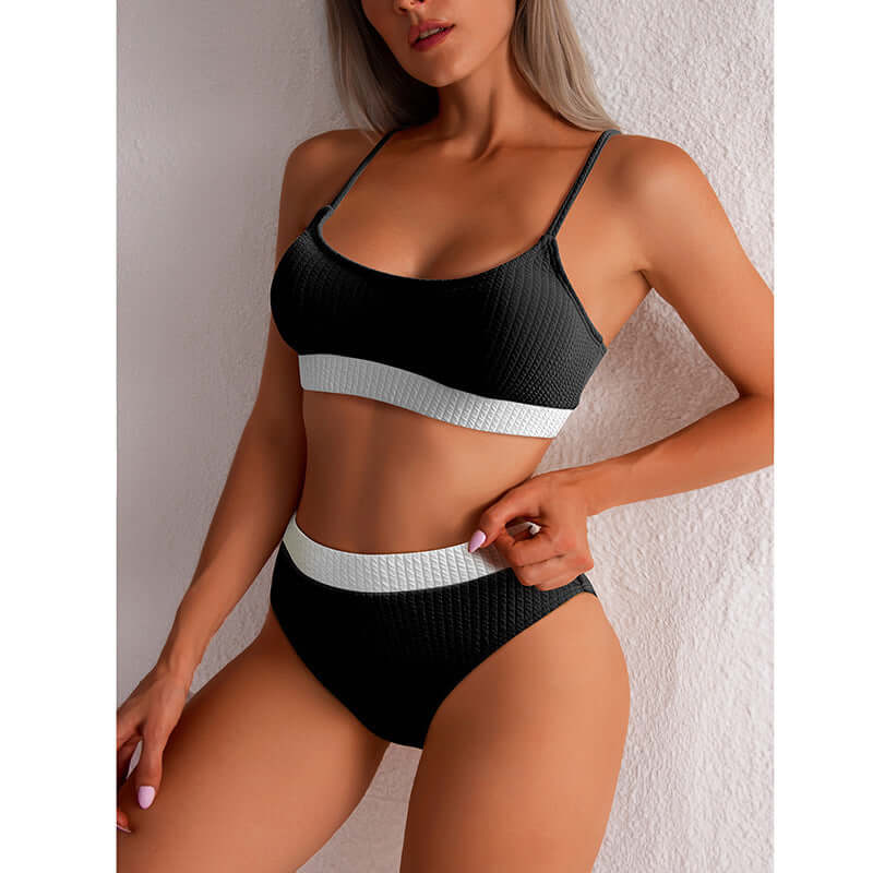 High waist bikini swimwear for women, featuring ribbed texture and stylish black and white design.