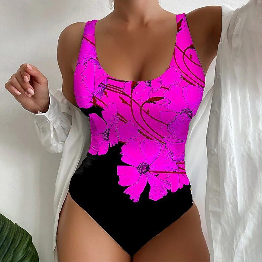 Women's 3D Printed Tight One-piece Swimsuit in pink floral design, perfect for summer beach or poolside wear.