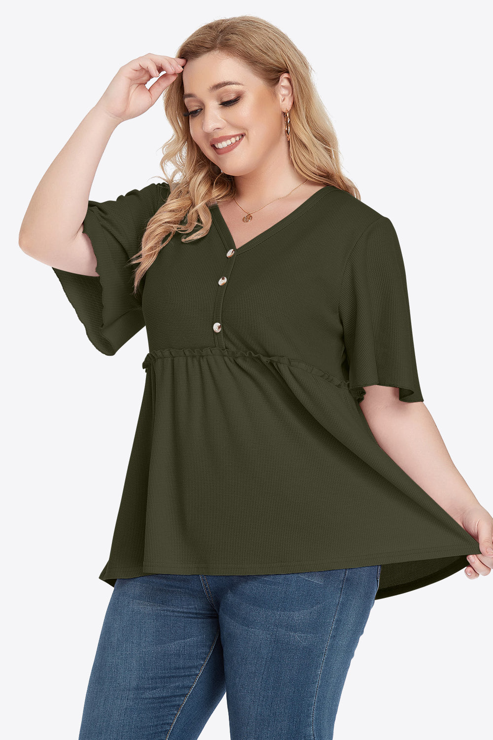 Plus Size Buttoned V-Neck Frill Trim Babydoll Blouse - Little Miss Vanilla