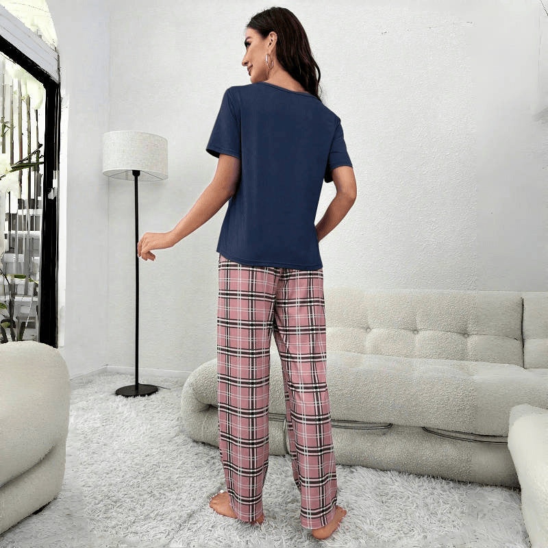 Color Blocking Plaid Trousers Pajamas