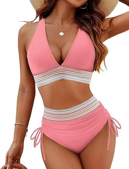 Fashion women&#39;s swimwear featuring a pink high waist bikini split suit with a stylish top and adjustable sides.