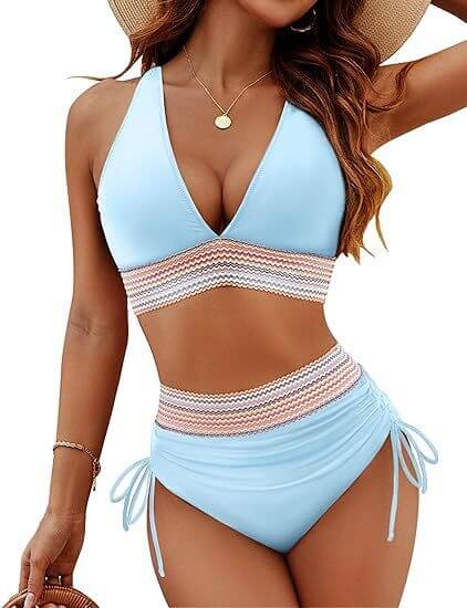 Fashion women's high waist bikini split suit in light blue, featuring a stylish design with a halter neck and brief style.