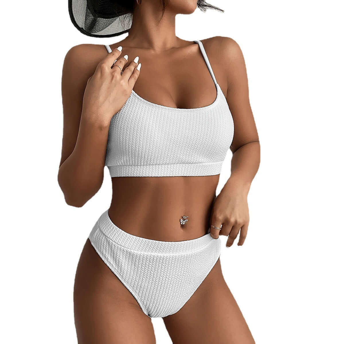 Stylish high waist bikini swimwear for women, featuring ribbed texture and high-cut design, perfect for summer vacations.