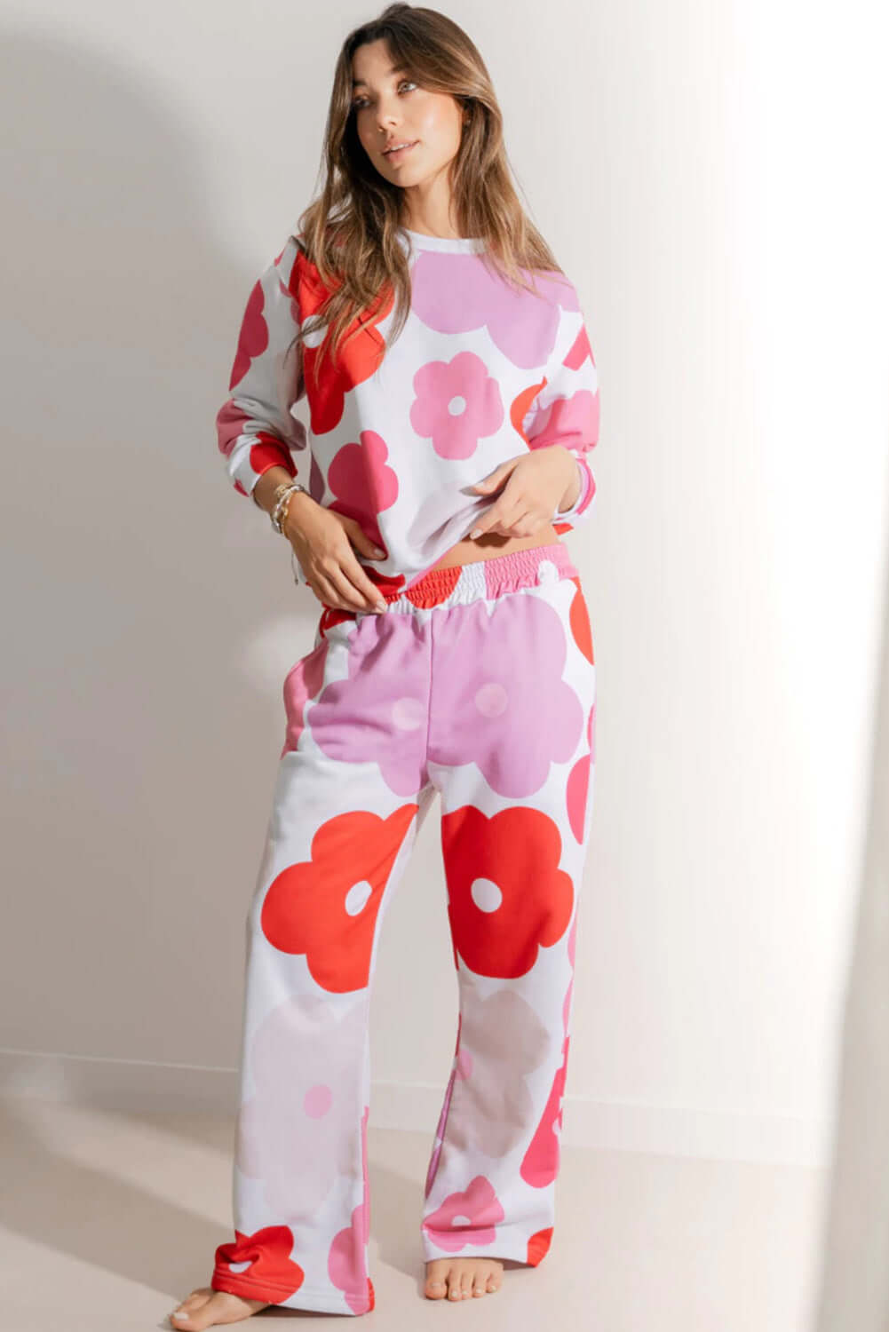 White Floral Print Pullover Top Sweatpants Lounge Set - Little Miss Vanilla