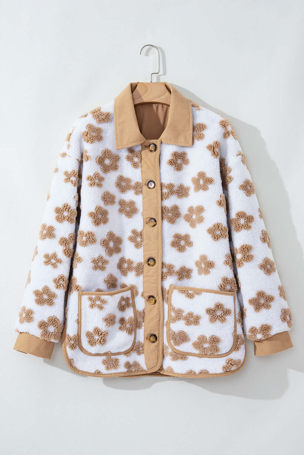 Light French Beige Cute Flower Pattern Button Up Fleece Jacket