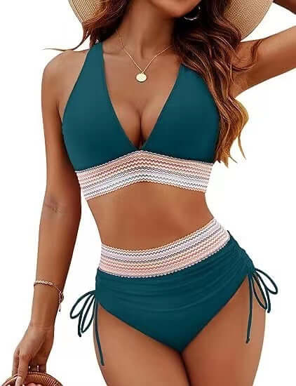 Women's high waist bikini split suit in teal with stylish design, perfect for summer swimwear.