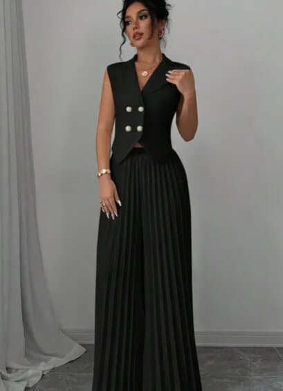 Summer Sleeveless Suit Fashion Lapel Button Vest Top And Pleated Straight Pants Women's Trousers Set Clothing