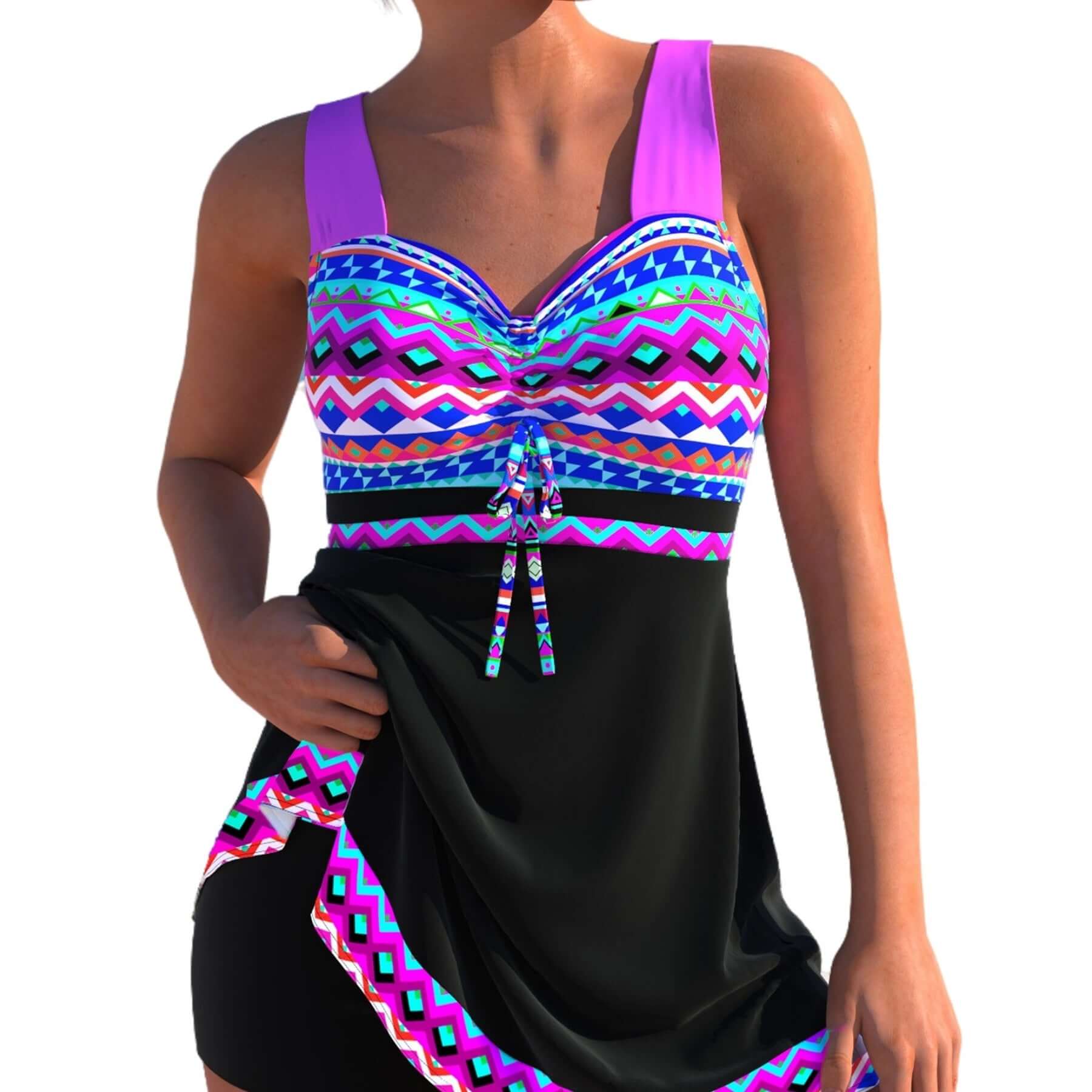 Colorful plus size women's swimwear featuring a backless design and split skirt, perfect for summer beach outings.