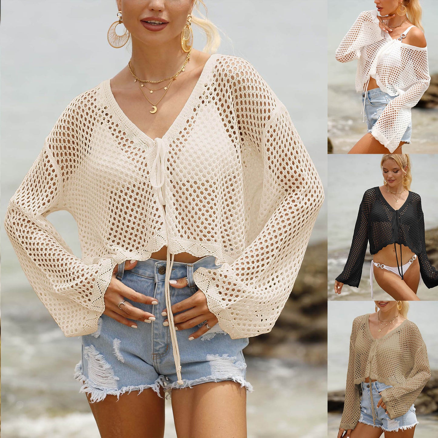 Women's Lace-up Cardigan Hollow-out Beach Sun Protection Long-sleeved Blouse