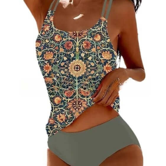 Retro split high waist bikini swimsuit for women featuring floral print and backless design, available in multiple colors.