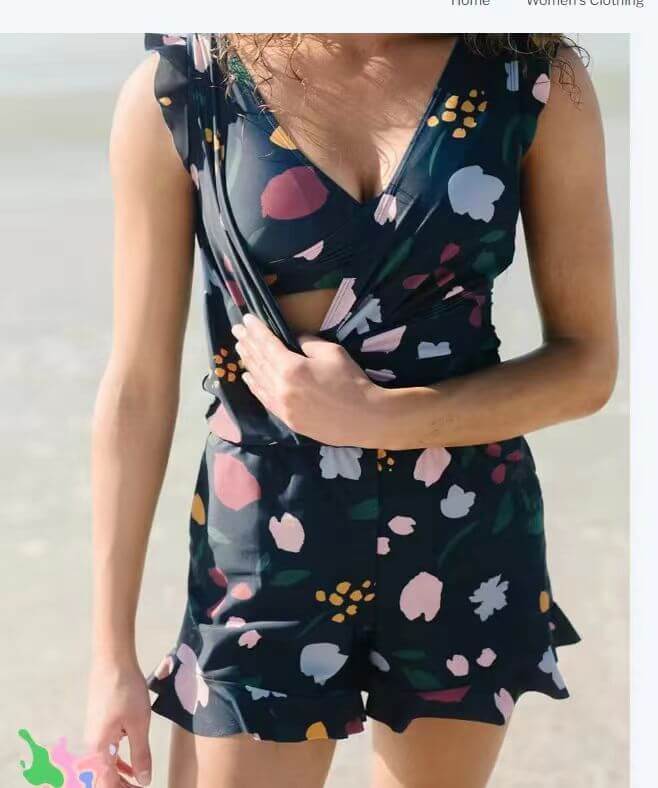 Women’s swimwear: chic one-piece swimsuit with floral print and ruffle detail, perfect for summer beach outings.