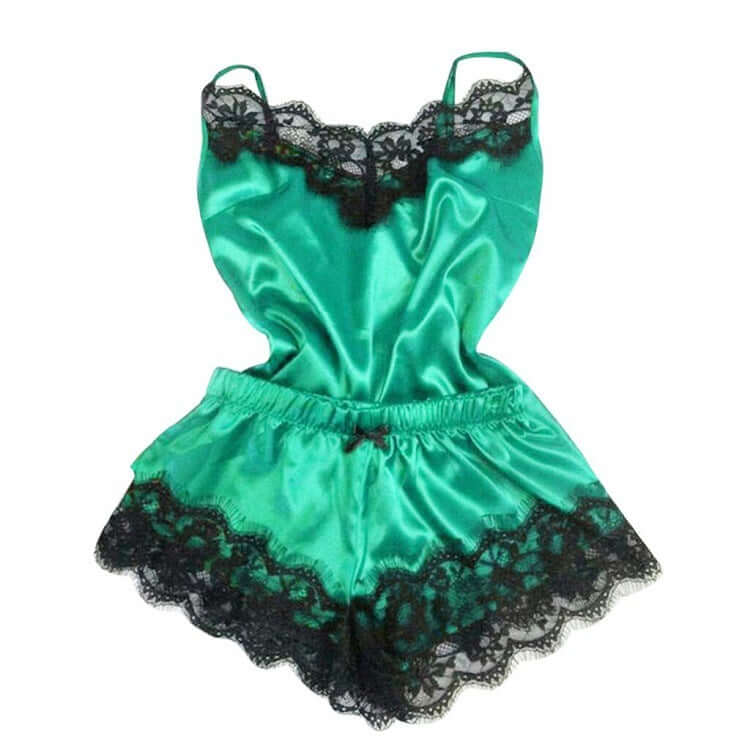 Women's green satin pajama set with black lace trim, stylish and comfortable sleepwear for relaxing nights.