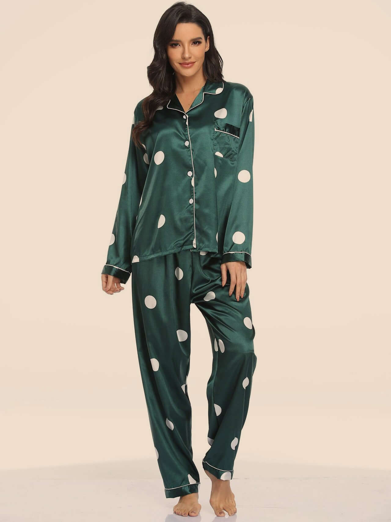 Women's green polka dot satin pajamas set, featuring a lapel collar and V-neck, perfect for comfortable home wear.