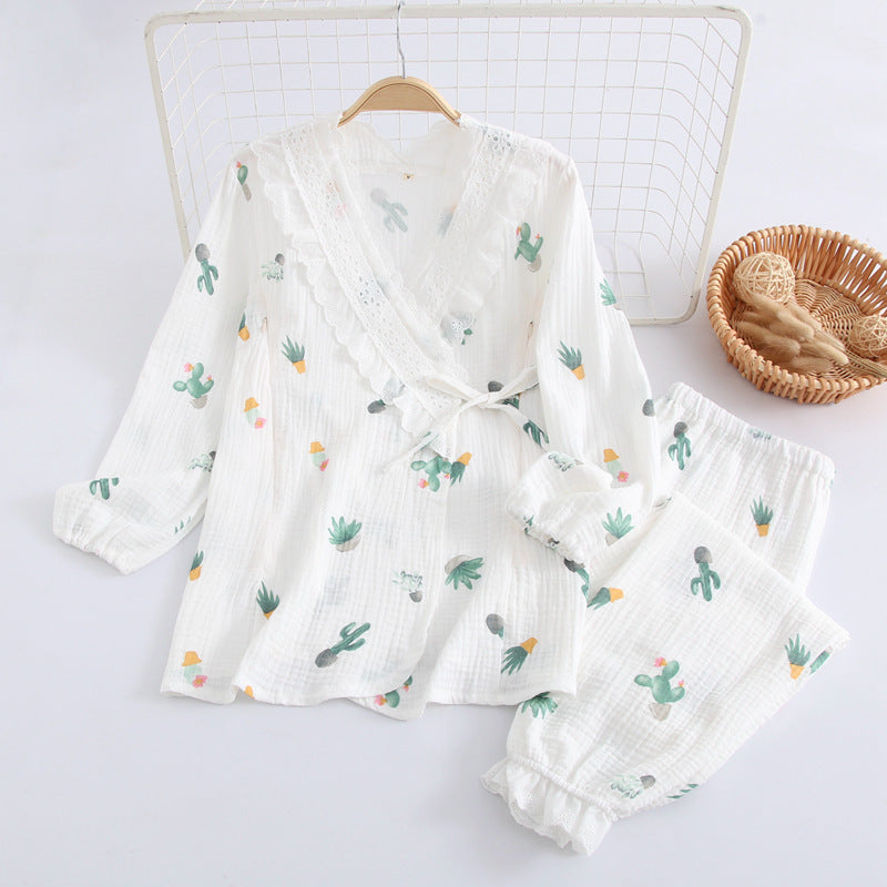 Kimono Cotton Gauze Maternal Postpartum Breastfeeding Confinement Clothing Home Pajamas Set