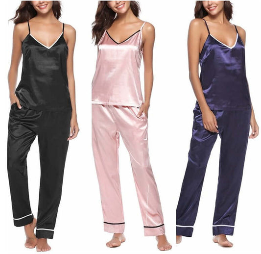 Silk Sling Plus Trousers Two-Piece Comfortable Women's PJs in black, pink, and navy styles by Little Miss Vanilla Clothing UK.