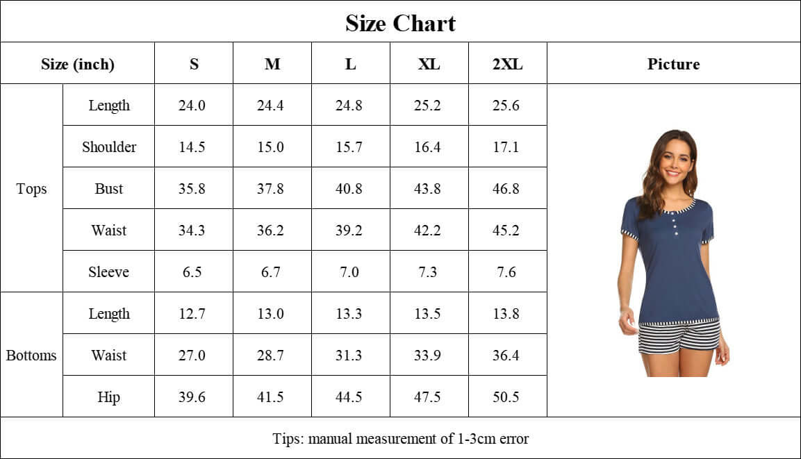 Size chart for women's striped modal rayon pajamas including measurements for S to 2XL.