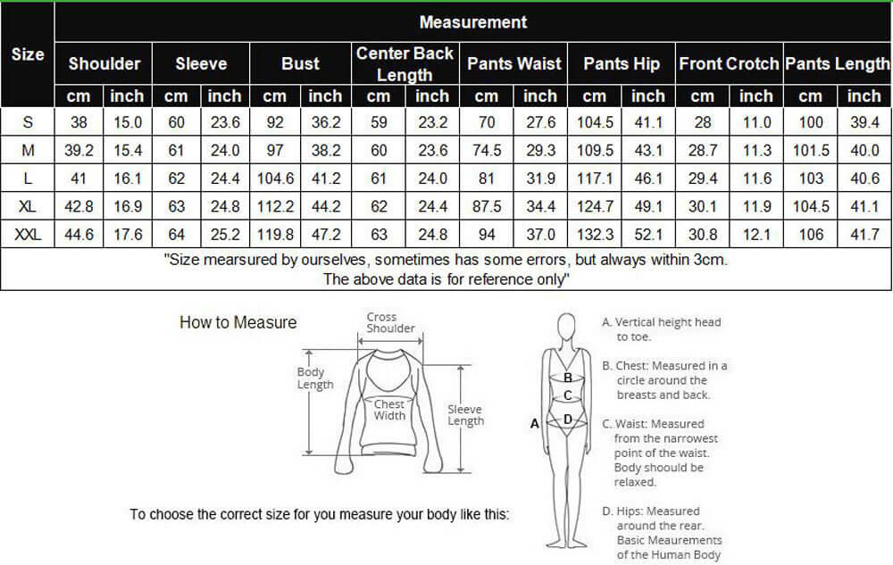 Size measurement chart for Waffle Long Sleeve Pajamas for women, detailing shoulder, sleeve, bust, and pants lengths.