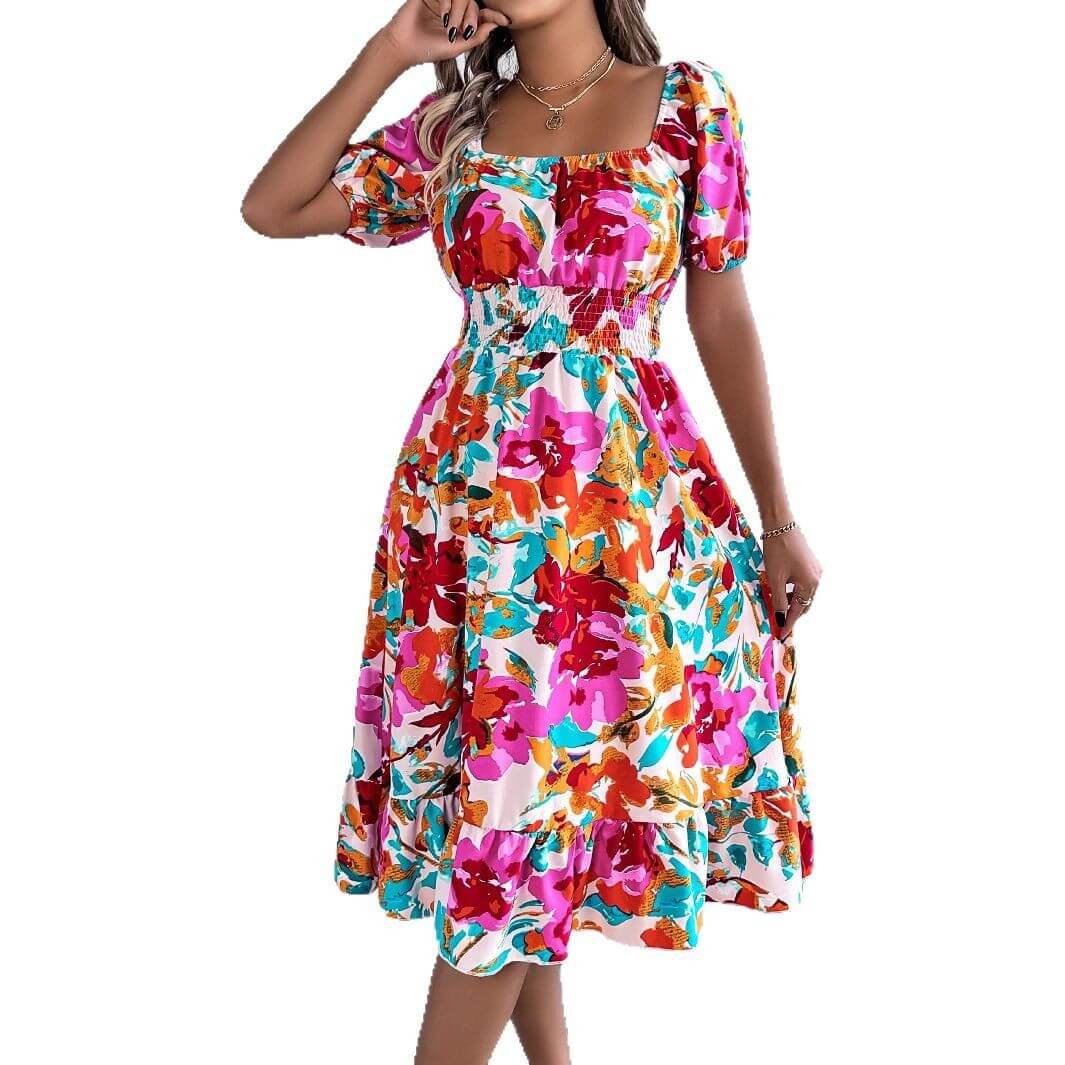 Casual flower-printed A-line dress with square collar and ruffles, perfect for summer women's fashion.