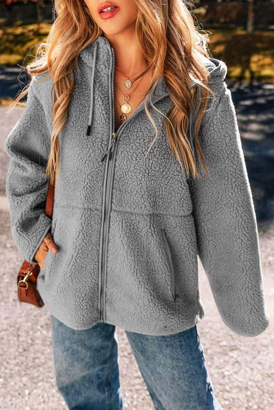 Medium Grey Fleece Zip Up Drawstring Hooded Pocketed Jacket - Little Miss Vanilla